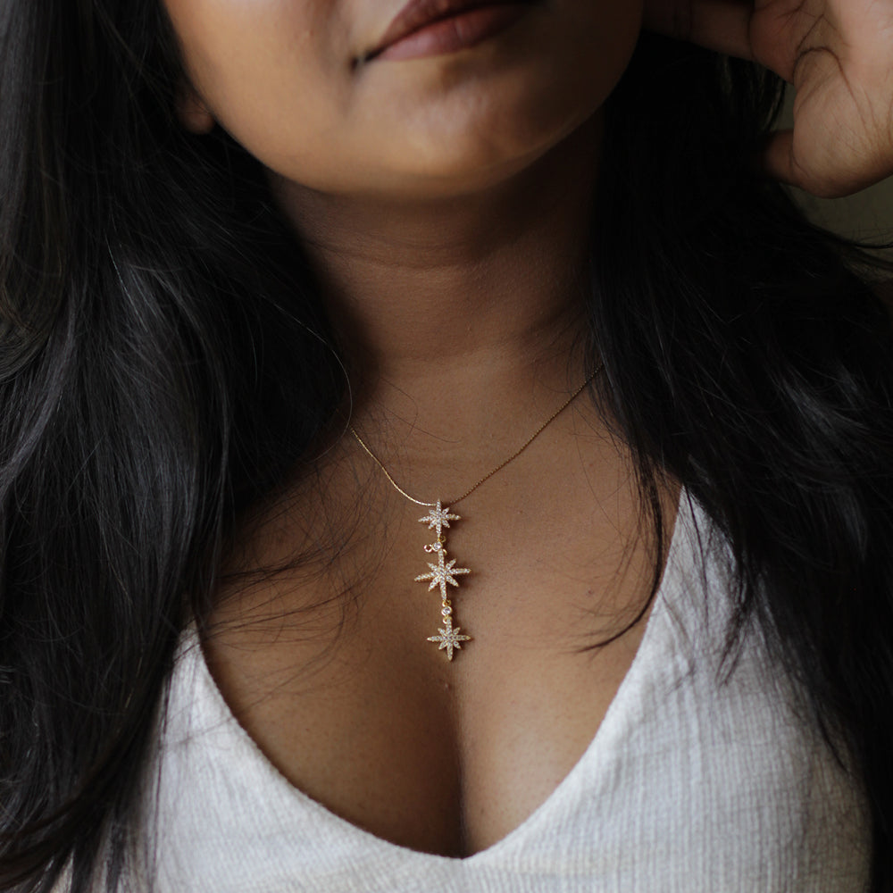 Celestial North Star Triple Drop Golden Anti-Tarnish Necklace