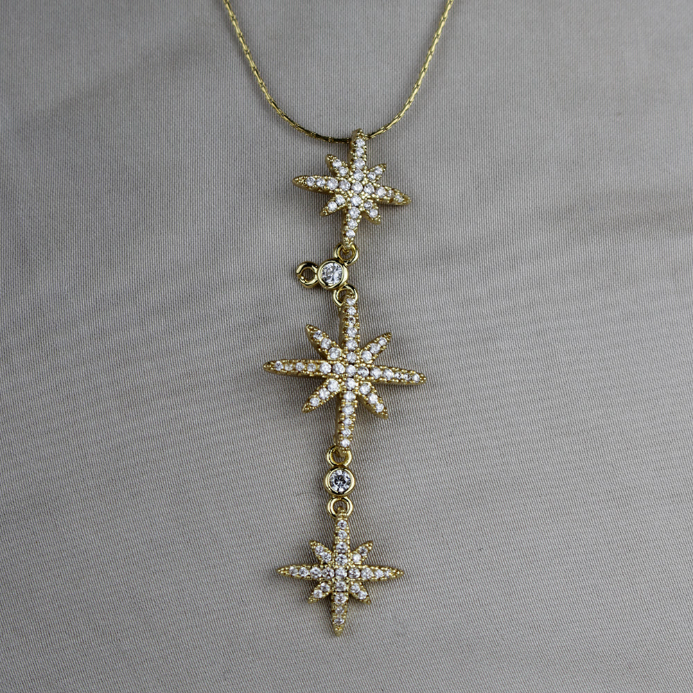 Celestial North Star Triple Drop Golden Anti-Tarnish Necklace